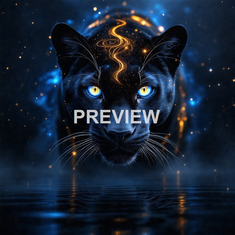A close-up digital artwork of a black panther with piercing yellow eyes, surrounded by glowing golden and blue cosmic elements, with a reflection on a dark water surface.